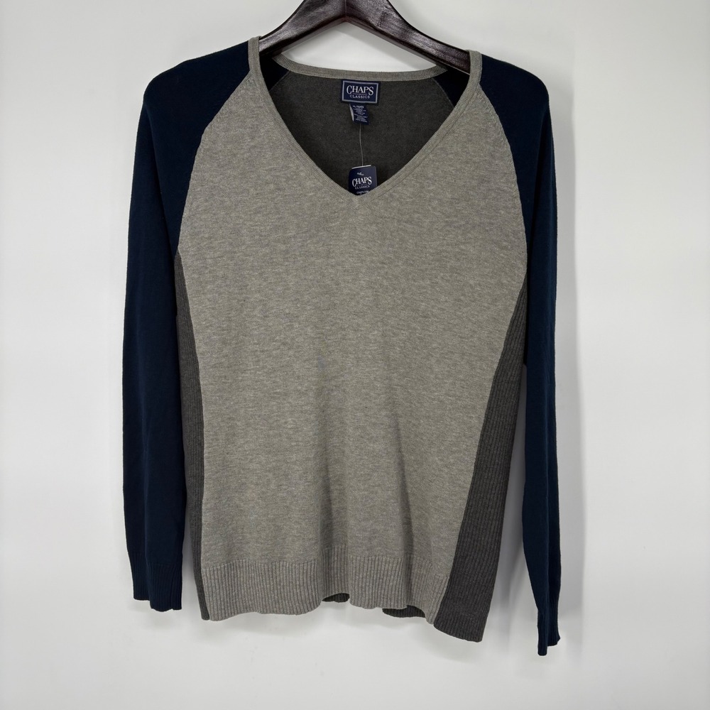 Chaps Classics Womens Colorblock V-Neck Cotton Modal Sweater XL Gray Navy Preppy